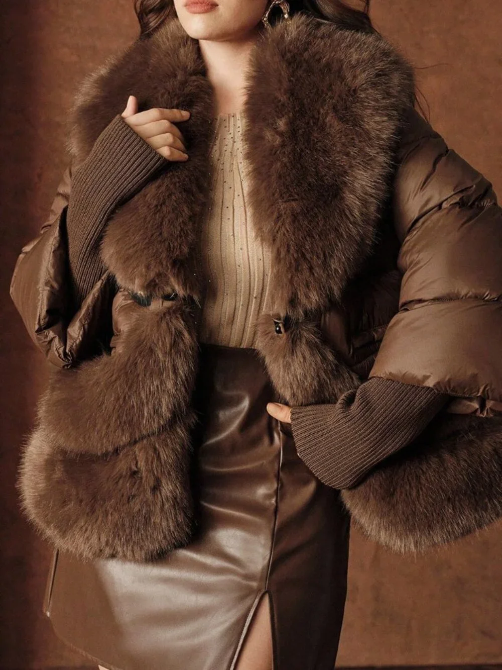Brown Casual Women's Plus Size Contrast Faux Fur V-Neck Patchwork Zip Coat